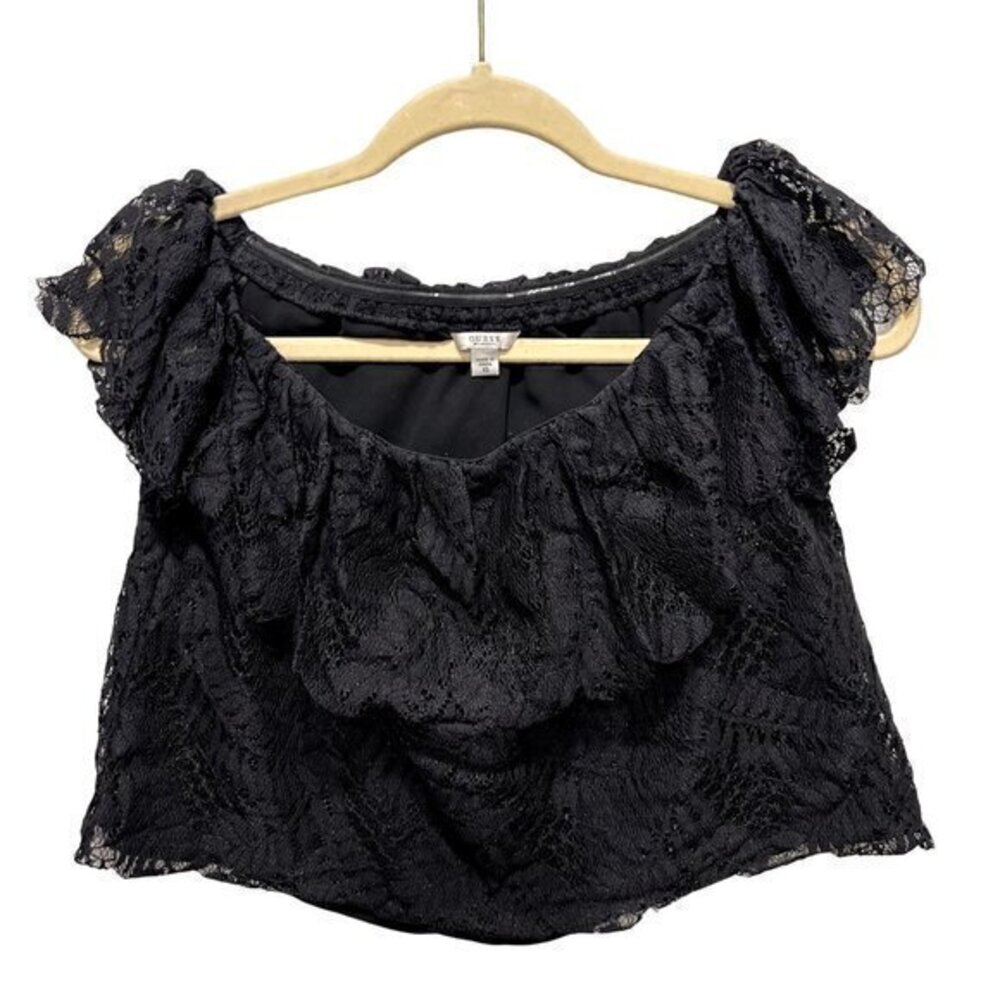 Guess Cottagecore Womens Tops XS‎ Black Lace Layered Off The Shoulders Crop